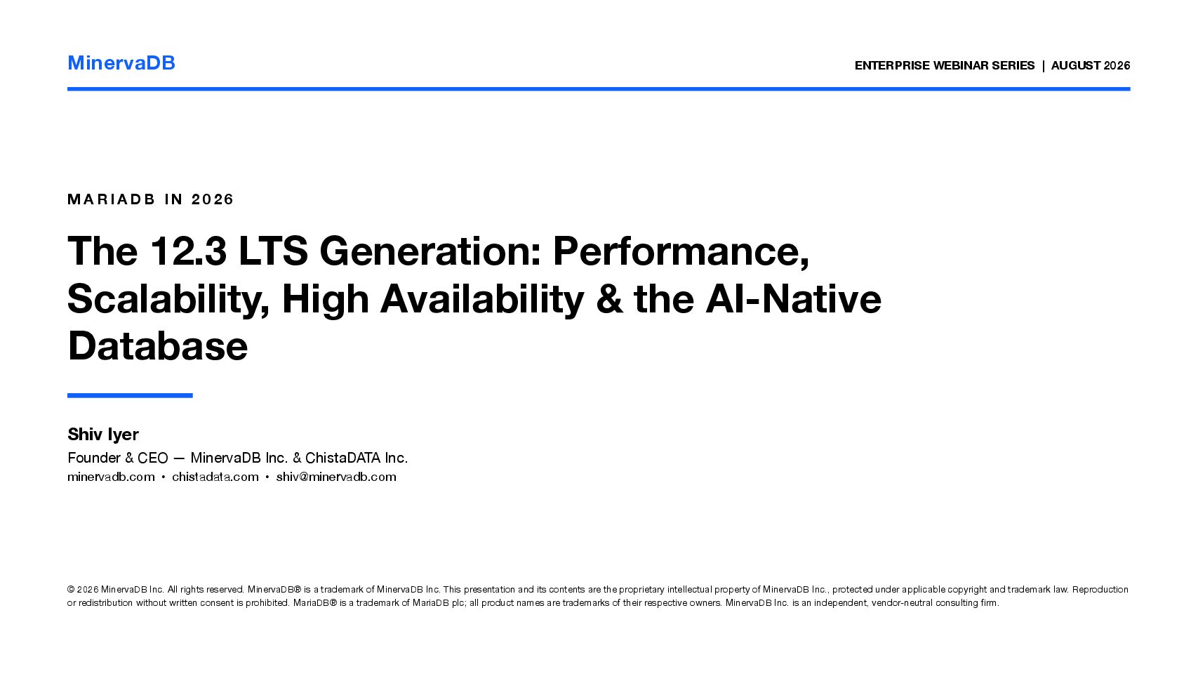 MariaDB 12.3 LTS webinar PDF cover — performance, scalability, high availability and AI