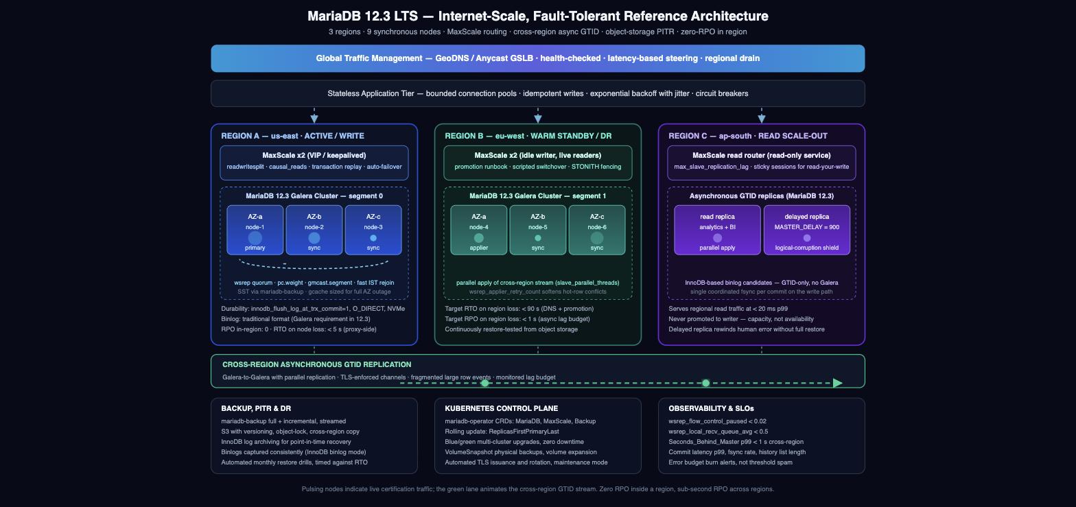 MariaDB 12.3 high availability and fault-tolerant reference architecture diagram for internet scale