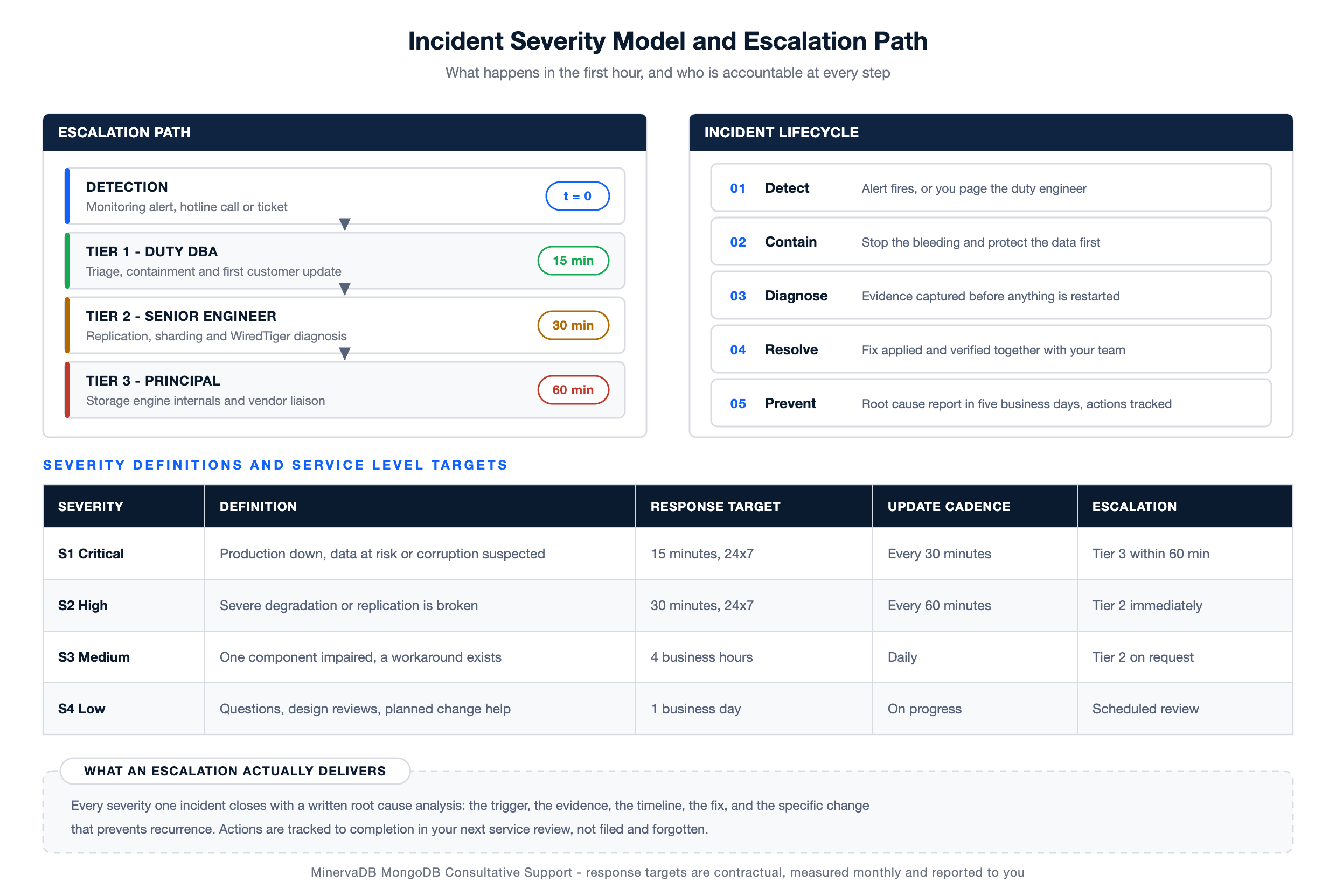 MongoDB Consultative Support diagram of the incident escalation path, incident lifecycle and severity definitions with response targets