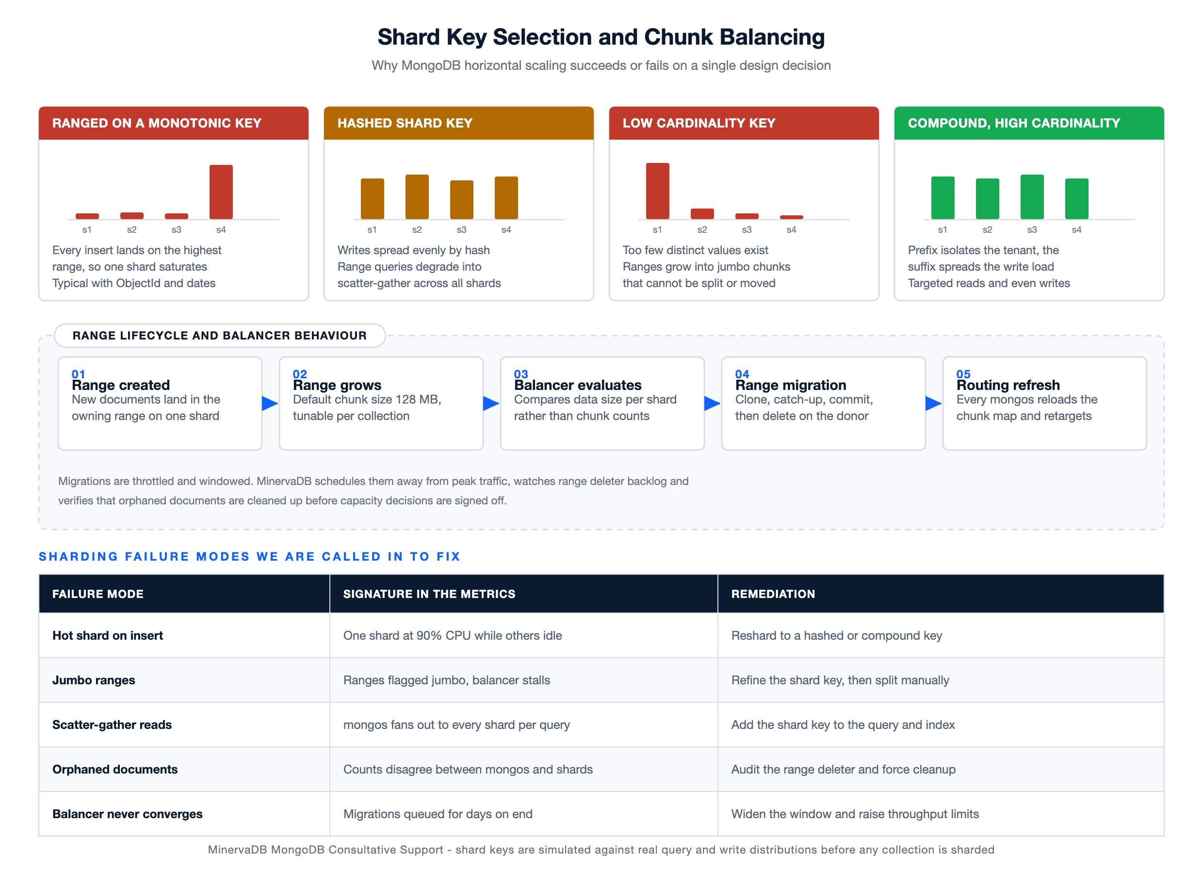 MongoDB Consultative Support diagram comparing shard key patterns, range lifecycle, balancer behaviour and common sharding failure modes