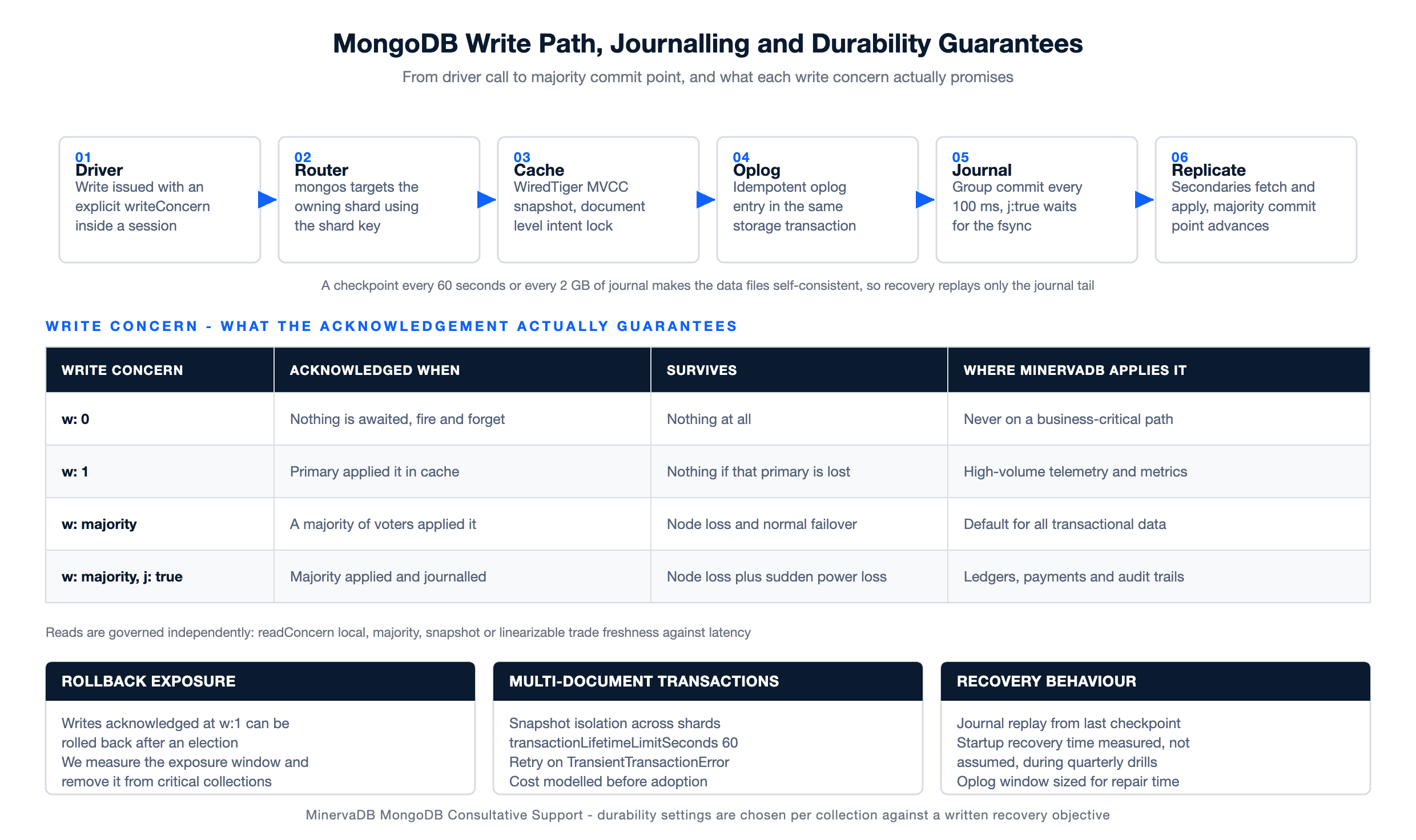 MongoDB Consultative Support diagram of the write path from driver to majority commit point with a write concern durability matrix