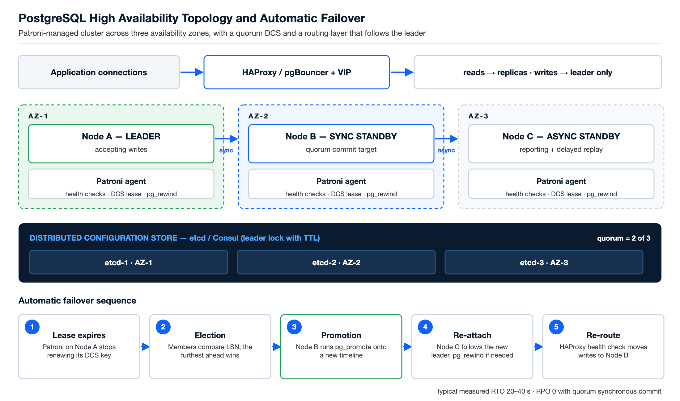 PostgreSQL Support high availability diagram showing Patroni leader election, synchronous standby, etcd quorum and the automatic failover sequence