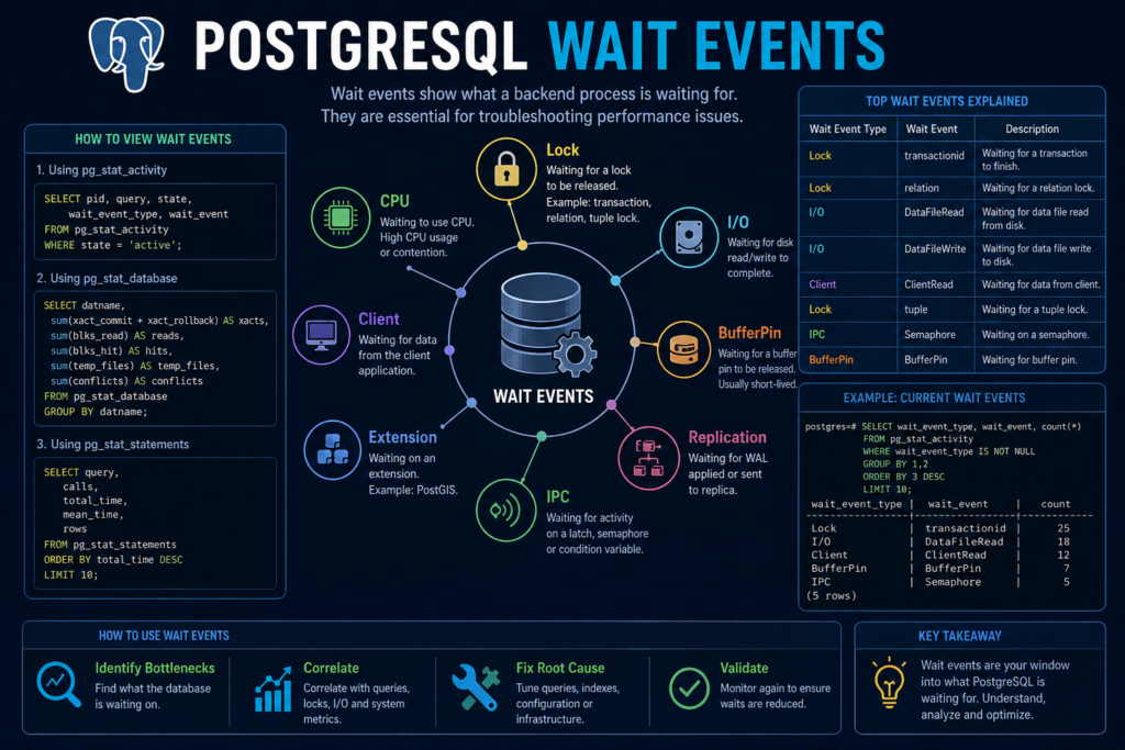 PostgreSQL wait event analysis map showing Lock, LWLock, IO and Client wait classes in pg_stat_activity
