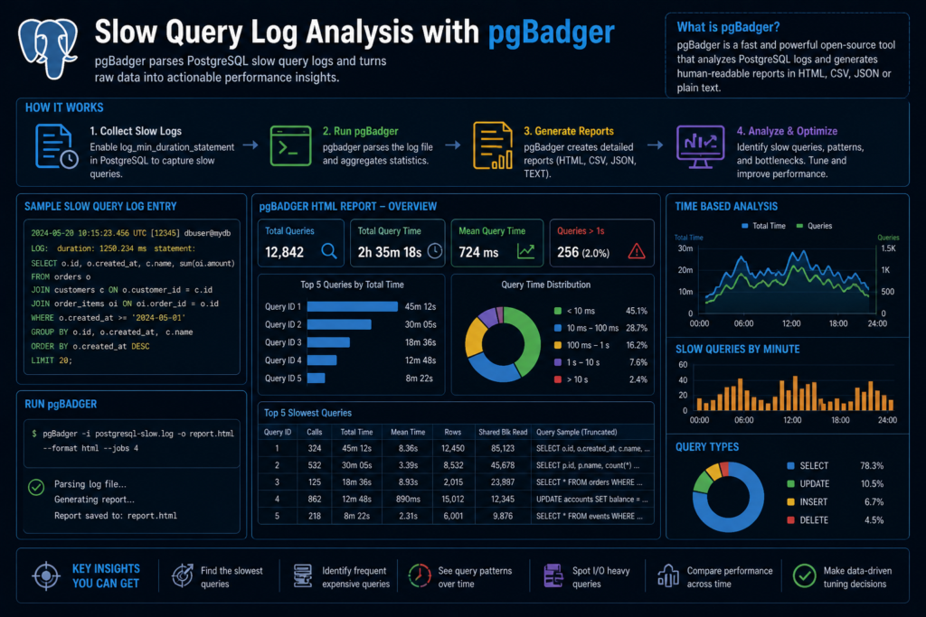 Slow query log analysis during PostgreSQL slow query troubleshooting with pgBadger